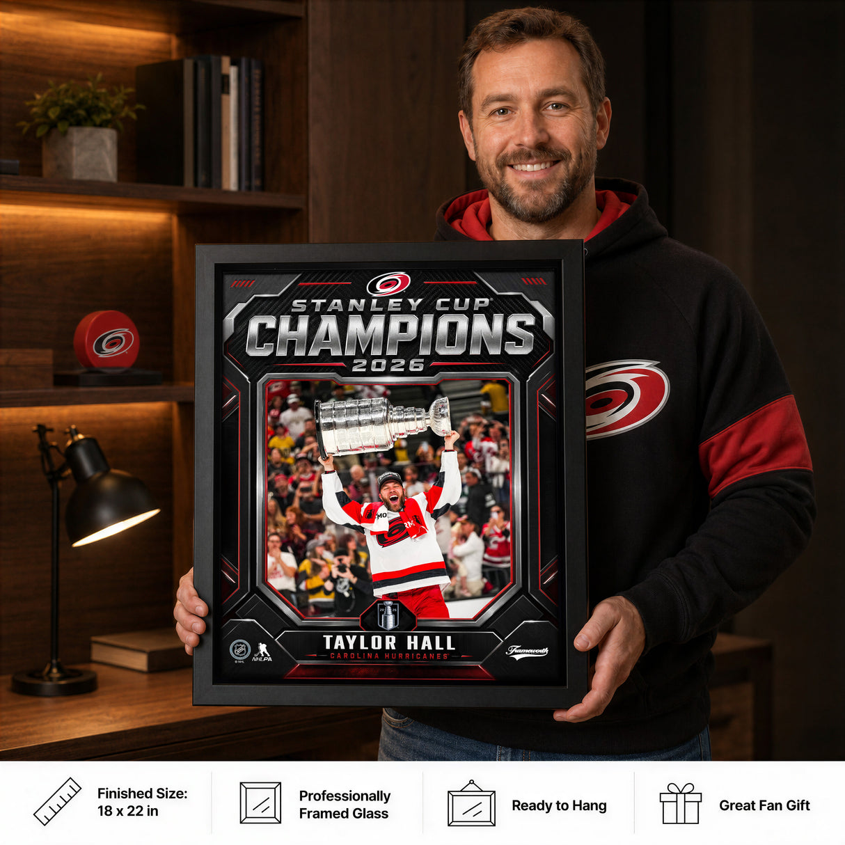 Taylor Hall 16x20 PhotoGlass Frame Carolina Hurricanes 2026 Stanley Cup Champions Shield Design lifestyle 6 image