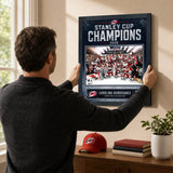 Carolina Hurricanes 2026 Stanley Cup Champions Ice Design PhotoGlass frame shown being hung as wall art