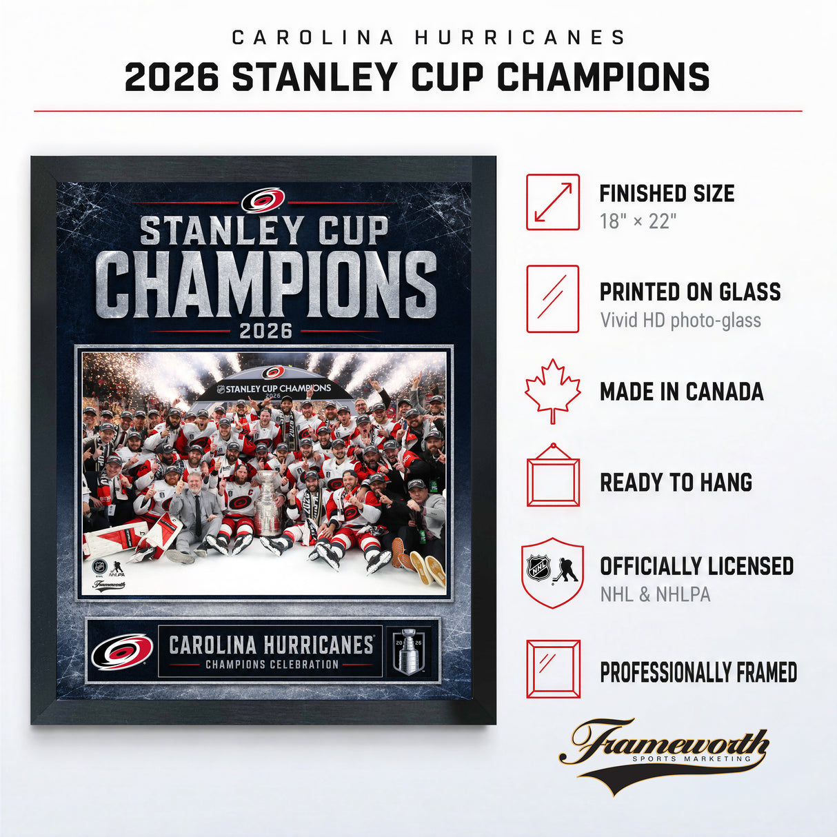 Carolina Hurricanes 16x20 PhotoGlass Frame 2026 Stanley Cup Champions Ice Design PhotoGlass product features and dimensions