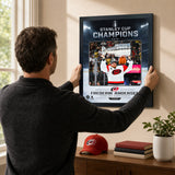 Frederik Andersen Ice Design 16x20 PhotoGlass frame Carolina Hurricanes 2026 Stanley Cup Champions shown being hung as framed wall art