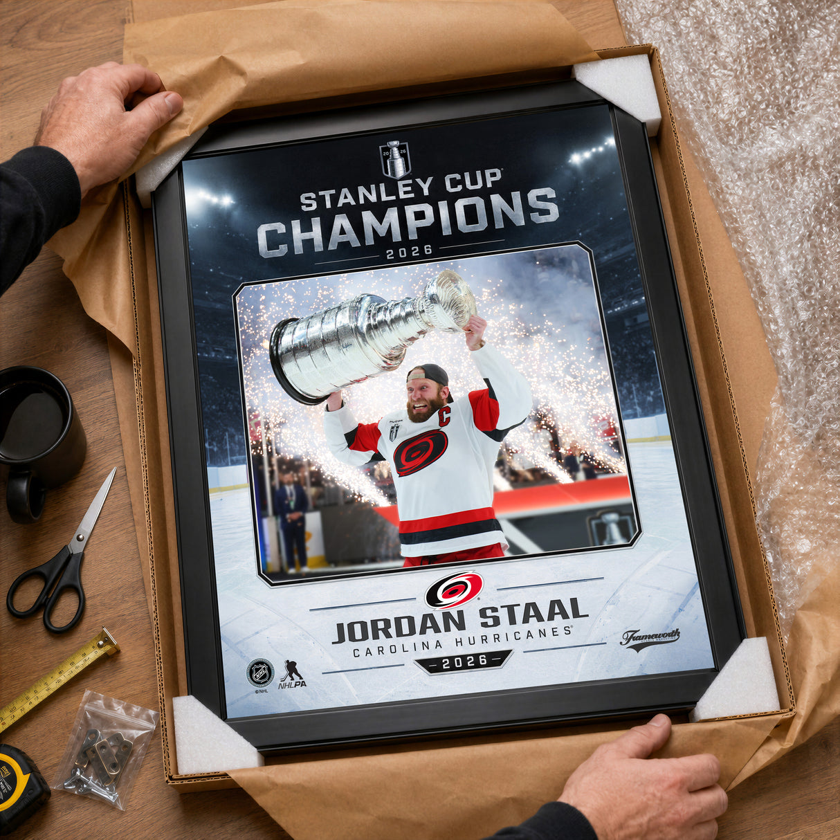 Jordan Staal 16x20 PhotoGlass Frame Carolina Hurricanes 2026 Stanley Cup Champions Ice Design unboxed framed PhotoGlass detail
