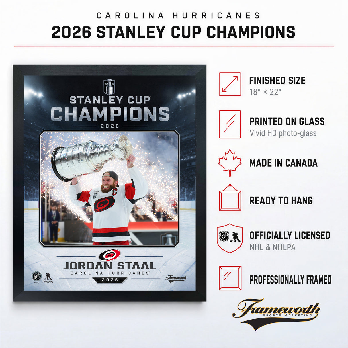 Jordan Staal 16x20 PhotoGlass Frame Carolina Hurricanes 2026 Stanley Cup Champions Ice Design PhotoGlass product features and dimensions