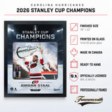 Jordan Staal 16x20 PhotoGlass Frame Carolina Hurricanes 2026 Stanley Cup Champions Ice Design PhotoGlass product features and dimensions