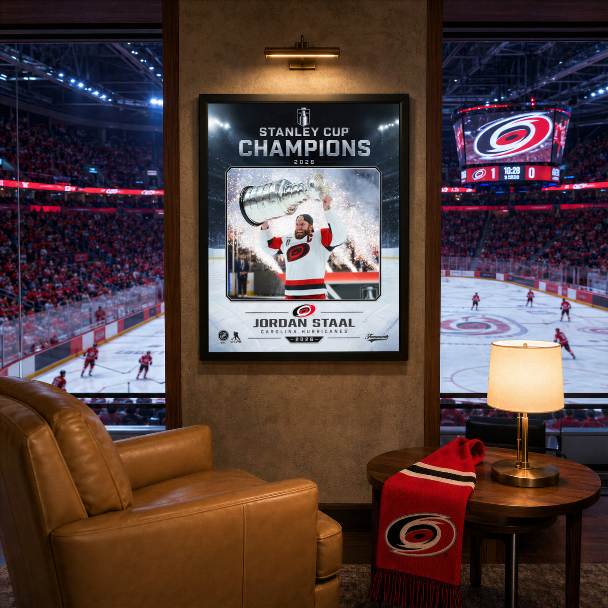 Jordan Staal 16x20 PhotoGlass Frame Carolina Hurricanes 2026 Stanley Cup Champions Ice Design displayed in a hockey fan room
