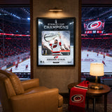 Jordan Staal 16x20 PhotoGlass Frame Carolina Hurricanes 2026 Stanley Cup Champions Ice Design displayed in a hockey fan room