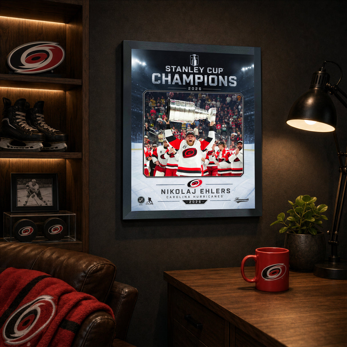 Nikolaj Ehlers Ice Design 16x20 PhotoGlass frame Carolina Hurricanes 2026 Stanley Cup Champions displayed in a fan room