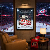 Nikolaj Ehlers 16x20 PhotoGlass Frame Carolina Hurricanes 2026 Stanley Cup Champions Ice Design displayed in a hockey fan room