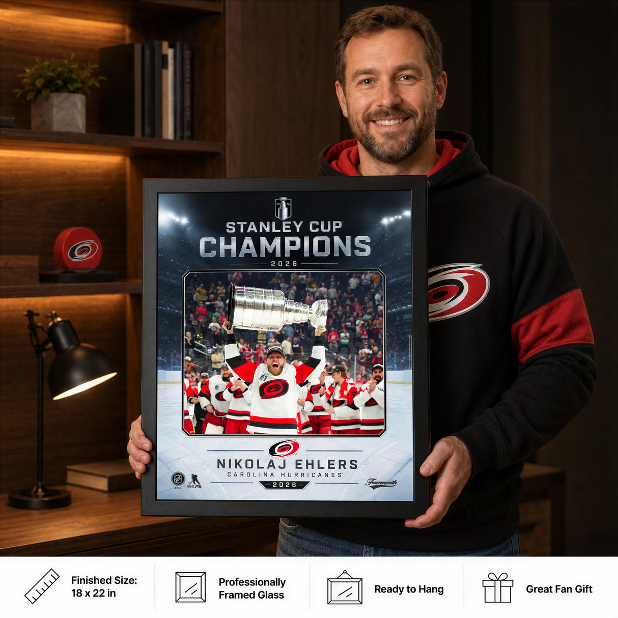 Nikolaj Ehlers 16x20 PhotoGlass Frame Carolina Hurricanes 2026 Stanley Cup Champions Ice Design held as framed Carolina Hurricanes wall art
