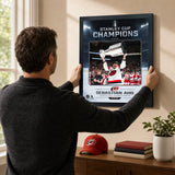 Sebastian Aho Ice Design 16x20 PhotoGlass frame Carolina Hurricanes 2026 Stanley Cup Champions shown being hung as framed wall art