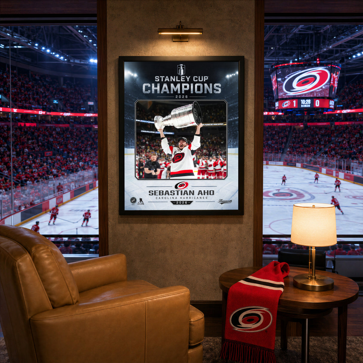Sebastian Aho 16x20 PhotoGlass Frame Carolina Hurricanes 2026 Stanley Cup Champions Ice Design displayed in a hockey fan room