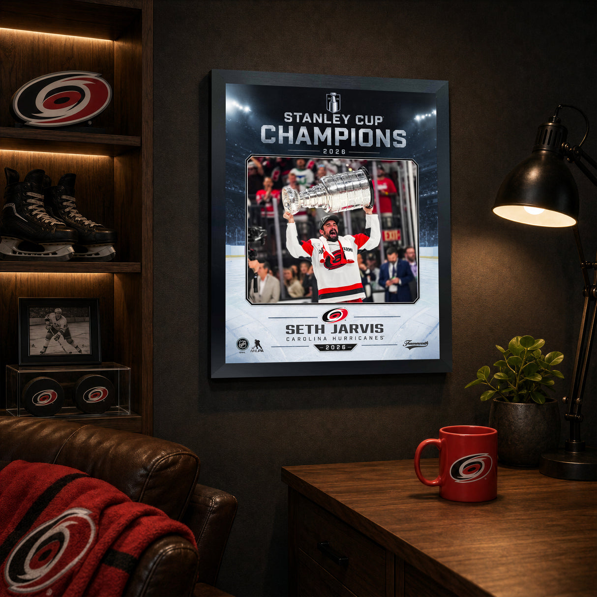 Seth Jarvis Ice Design 16x20 PhotoGlass frame Carolina Hurricanes 2026 Stanley Cup Champions displayed in a fan room