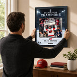 Seth Jarvis Ice Design 16x20 PhotoGlass frame Carolina Hurricanes 2026 Stanley Cup Champions shown being hung as framed wall art