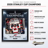 Seth Jarvis 16x20 PhotoGlass Frame Carolina Hurricanes 2026 Stanley Cup Champions Ice Design PhotoGlass product features and dimensions