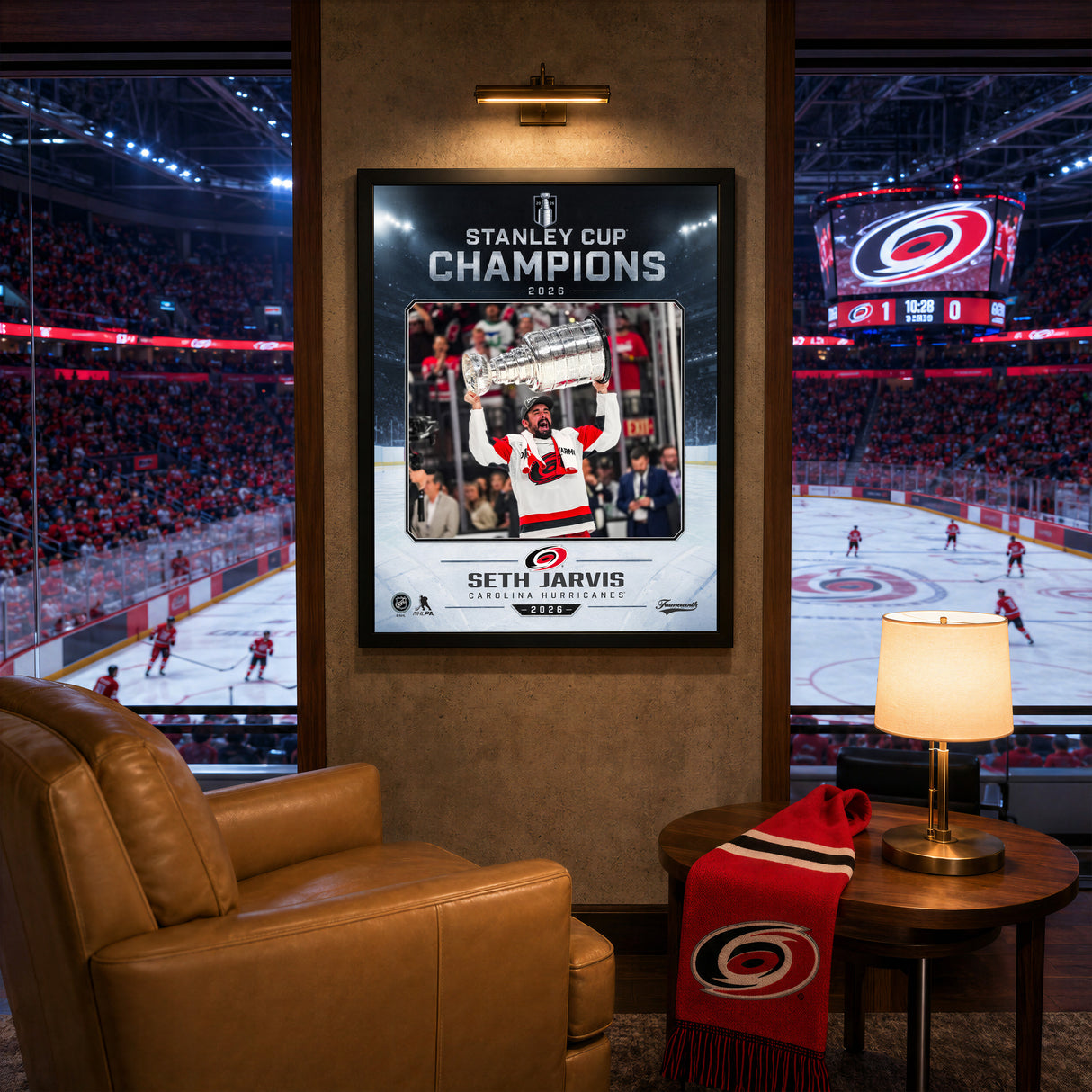 Seth Jarvis 16x20 PhotoGlass Frame Carolina Hurricanes 2026 Stanley Cup Champions Ice Design displayed in a hockey fan room