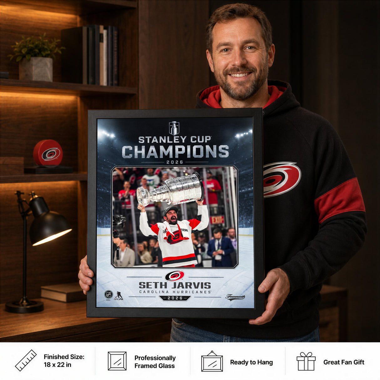 Seth Jarvis 16x20 PhotoGlass Frame Carolina Hurricanes 2026 Stanley Cup Champions Ice Design held as framed Carolina Hurricanes wall art