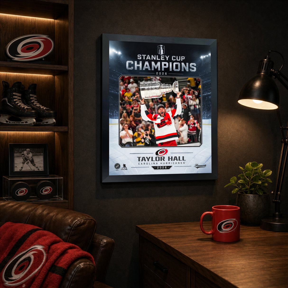 Taylor Hall Ice Design 16x20 PhotoGlass frame Carolina Hurricanes 2026 Stanley Cup Champions displayed in a fan room