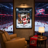 Taylor Hall 16x20 PhotoGlass Frame Carolina Hurricanes 2026 Stanley Cup Champions Ice Design displayed in a hockey fan room