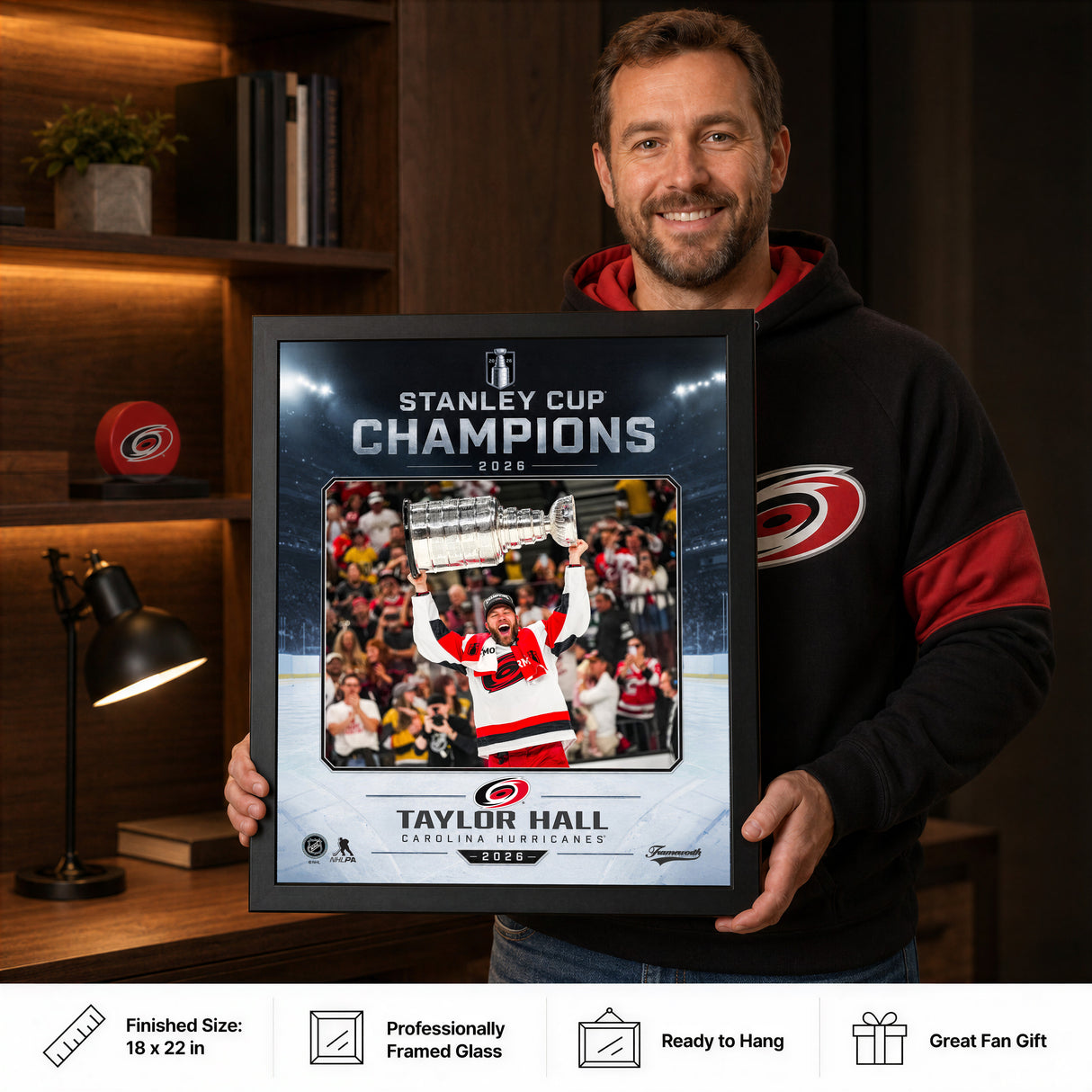 Taylor Hall 16x20 PhotoGlass Frame Carolina Hurricanes 2026 Stanley Cup Champions Ice Design held as framed Carolina Hurricanes wall art