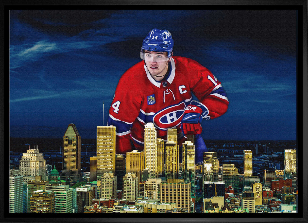 Nick Suzuki 20x29 Framed Canvas Canadiens Skyline