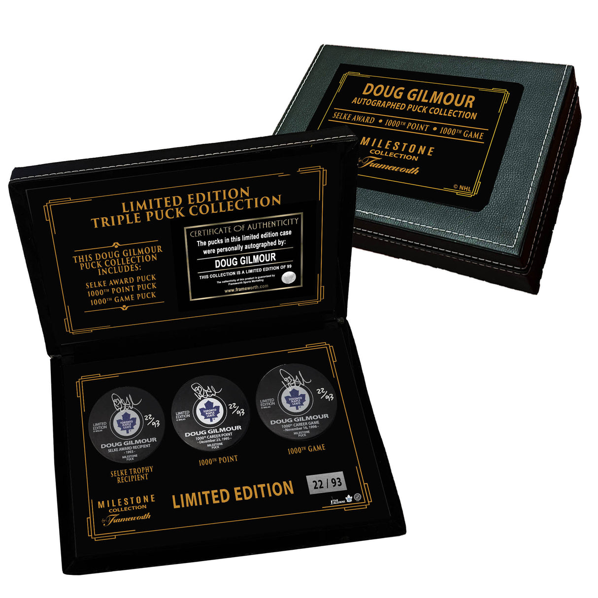 Doug Gilmour Signed Pucks in Deluxe Case 1000 Points, 1000 Games, Selke Limited Edition /93