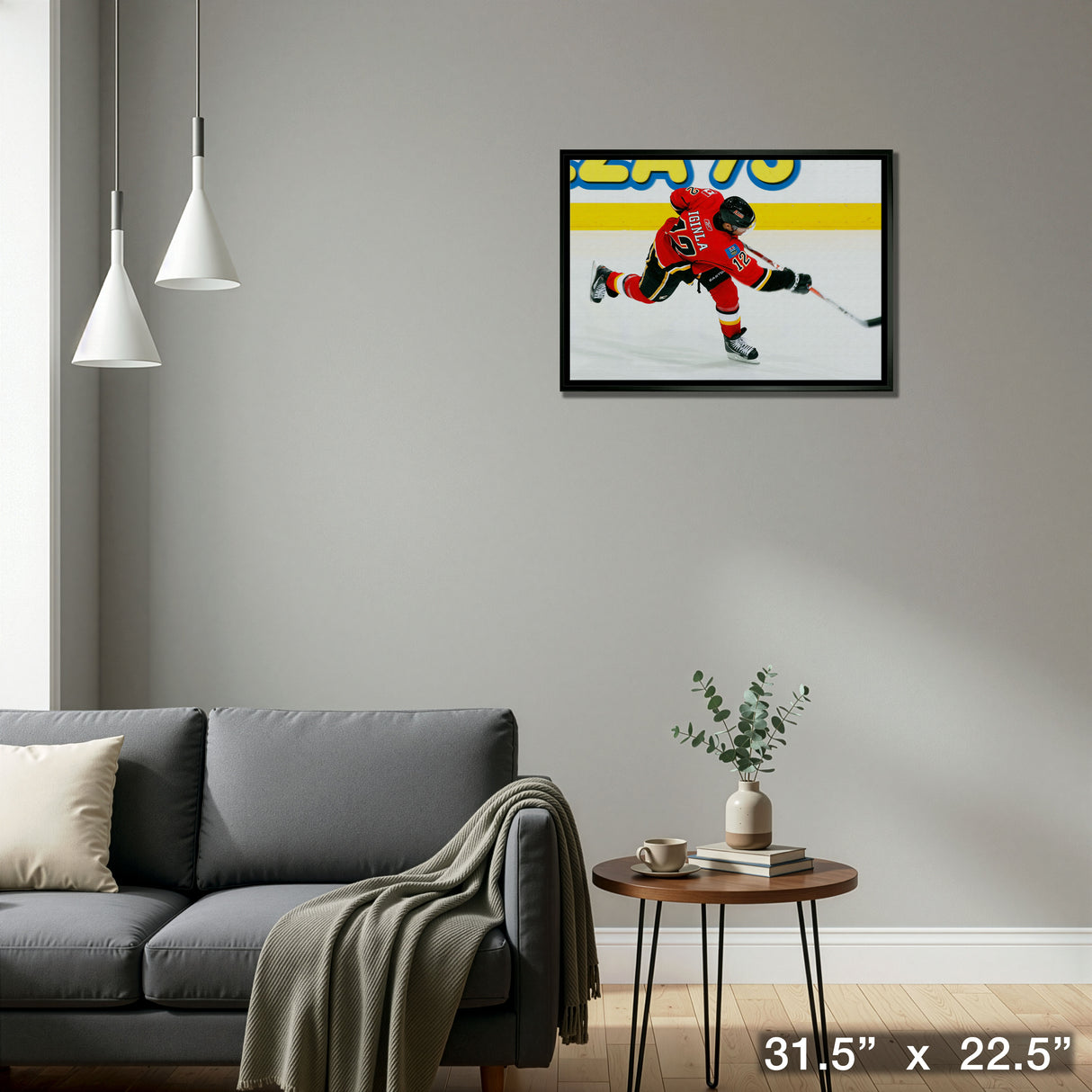Jarome Iginla 20x29 Framed Canvas Flames Shooting-H – Detail – Frameworth
