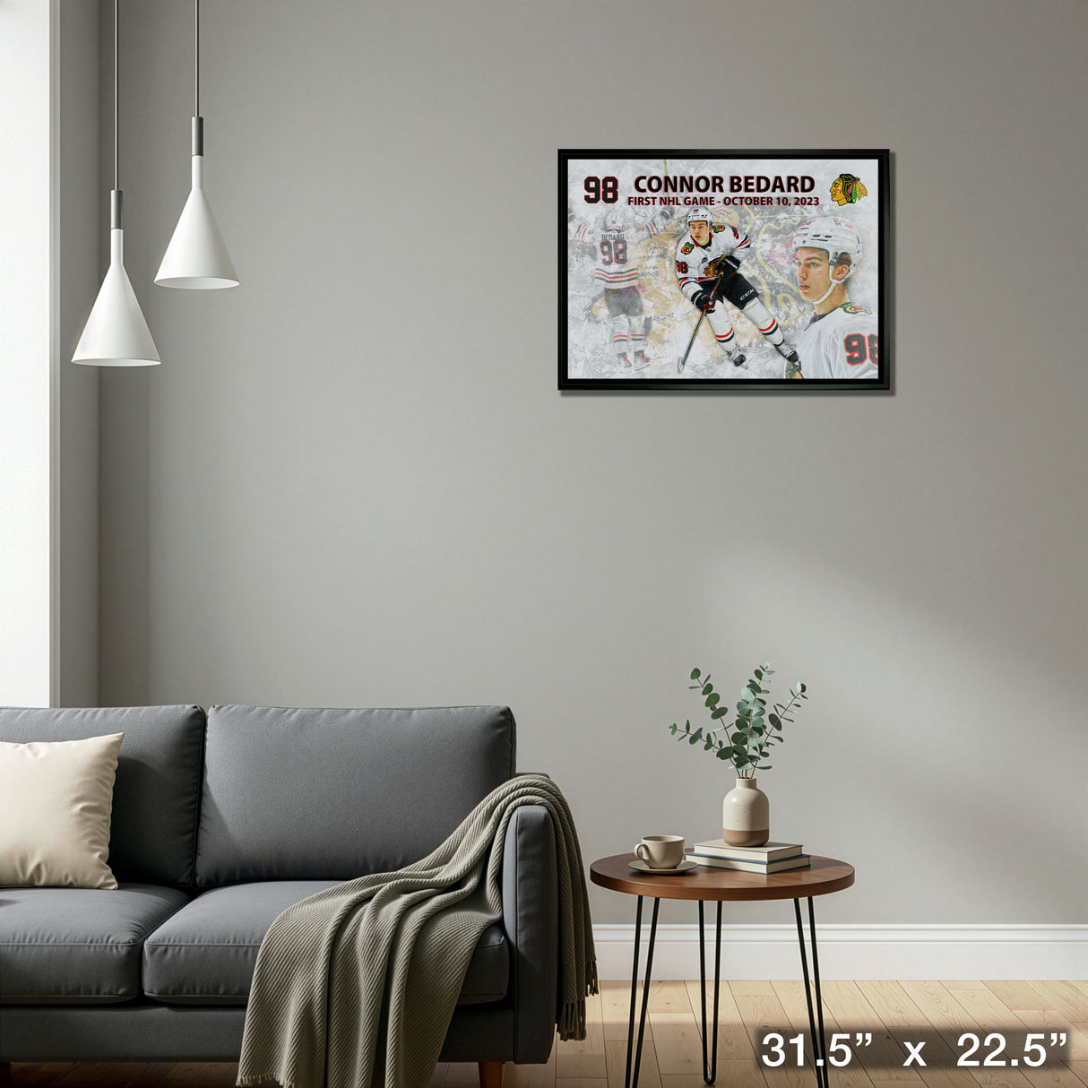 Connor Bedard 20x29 Framed Canvas Blackhawks First Game – Detail – Frameworth