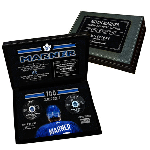 Mitch Marner Signed 1st and 100th Goals Pucks in Deluxe Toronto Maple Leafs Case (Limited Edition of 116) - Frameworth Sports Canada 