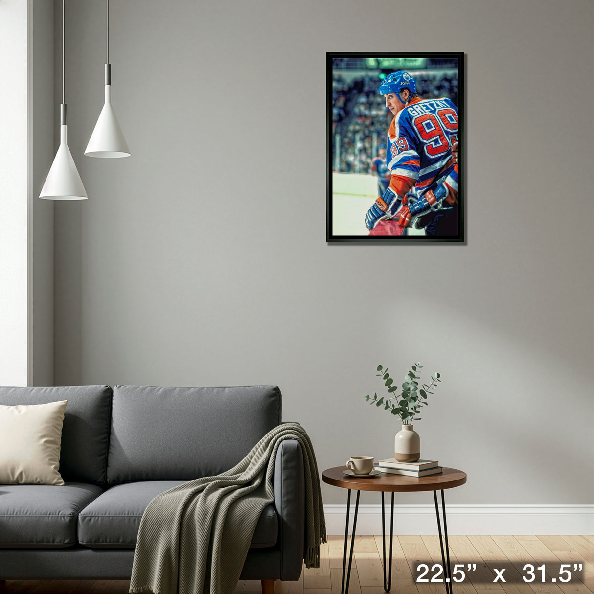 Wayne Gretzky Edmonton Oilers Framed 20x29 Jumping Over Bench Canvas – Detail – Frameworth