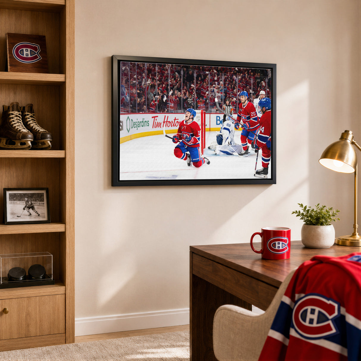 Cole Caufield 20x29 Canvas Framed Montreal Canadiens 2026 NHL Playoffs Goal Celebration - lifestyle 2
