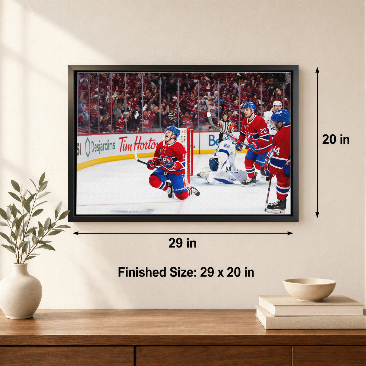 Cole Caufield 20x29 Canvas Framed Montreal Canadiens 2026 NHL Playoffs Goal Celebration - lifestyle 4