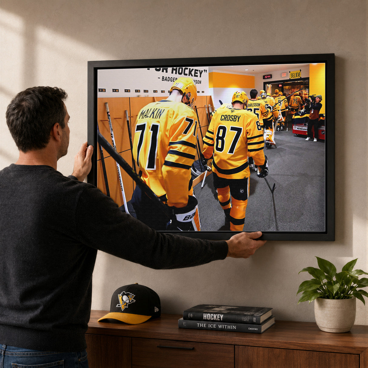 Sidney Crosby and Evgeni Malkin 20x29 Canvas Framed Pittsburgh Penguins 2026 NHL Playoffs Walk out - lifestyle 1