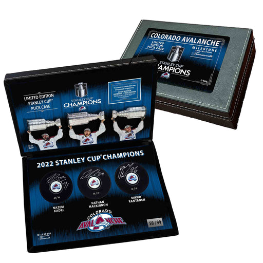 N. MacKinnon, M. Rantanen, and N. Kadri Signed Colorado Avalanche Pucks in Deluxe 2022 Stanley Cup Champions Case (Limited Edition of 99) - Frameworth Sports Canada 