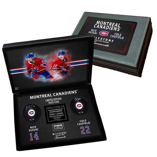 Nick Suzuki / Cole Caufield Signed Pucks in Deluxe Case Canadiens LE99 - Frameworth Sports Canada 