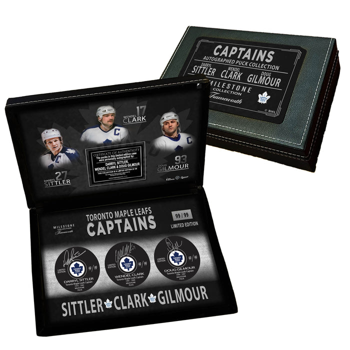 Darryl Sittler, Wendel Clark, Doug Gilmour Toronto Maple Leafs Captains Signed Pucks in Deluxe Case LE/99