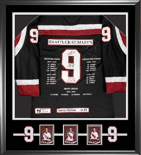 Sidney Crosby, Nathan MacKinnon, and Jonathan Toews Signed Framed Shattuck St Mary's Black Milestone Jersey (Limited Edition of 87) - Frameworth Sports Canada 