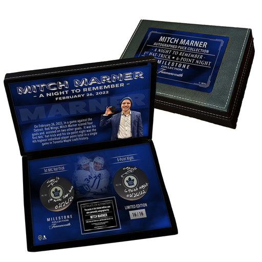 Mitch Marner Signed Toronto Maple Leafs Milestone 6-Point Night and 1st NHL Hat Trick Pucks in Deluxe Case (Limited Edition of 16) - Frameworth Sports Canada 