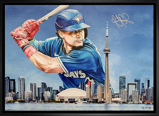 Santiago Espinal Signed 20x29 Framed Canvas Jays Blue-H Skyline LE/50 - Frameworth Sports Canada 
