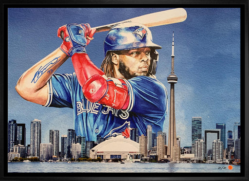 Vladimir Guerrero Jr. Signed 20x29 Framed Canvas Jays Blue-H Skyline LE/127 - Frameworth Sports Canada 