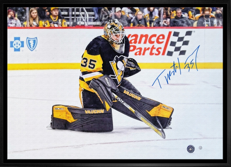 Tristan Jarry Signed Framed 20x29 Pittsburgh Penguins Stick Save Canvas