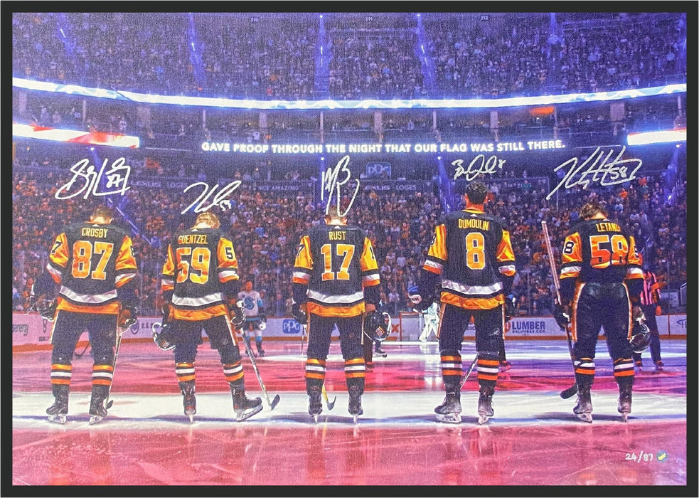 Sidney Crosby, Bryan Rust, Kris Letang, Jake Guentzel and Brian Dumoulin Signed Framed 20x29 Pittsburgh Penguins Anthem Line-Up Canvas Limited Edition /87 - Frameworth Sports Canada 