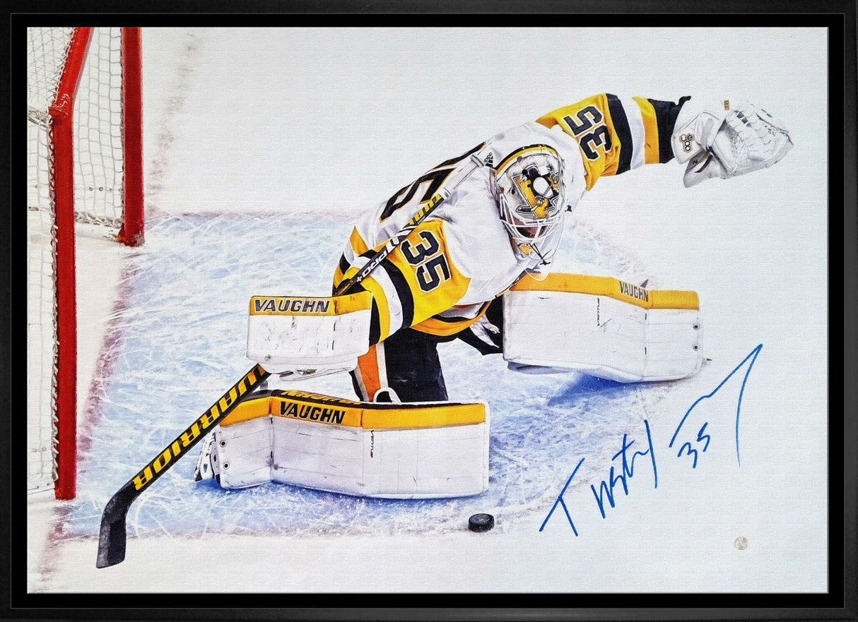 Tristan Jarry Signed Framed 20x29 Pittsburgh Penguins Stretch Save Canvas