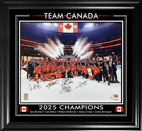 Sidney Crosby, Nathan MacKinnon, Cale Makar, Sam Reinhart & Jordan Binnington Multi Signed Framed 16x20 Photo 4 Nations Face - Off Champions Team Celebration (Limited Edition of 25) - AUCTION
