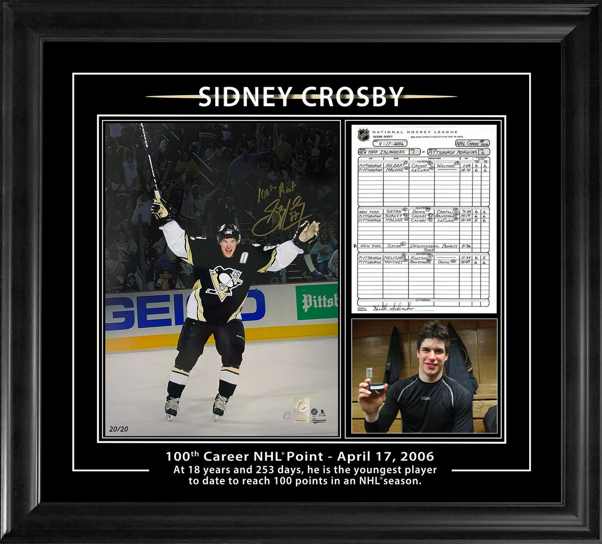 Sidney Crosby Signed Framed 12x16 Photo in Photoglass  w/Replica Scoresheet Pittsburgh Penguins "100th Career NHL Point - April 17, 2006" (Limited Edition of 20) - AUCTION