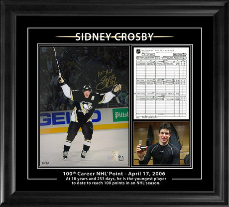 Sidney Crosby Signed Framed 12x16 Photo in Photoglass  w/Replica Scoresheet Pittsburgh Penguins "100th Career NHL Point - April 17, 2006" (Limited Edition of 20) - AUCTION