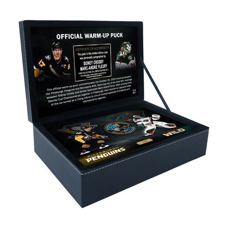 Sidney Crosby and Marc-Andre Fleury Dual Signed October 29th, 2024 Warm Up Puck in a Commerative Deluxe Case (Limited Edition of 5) - AUCTION