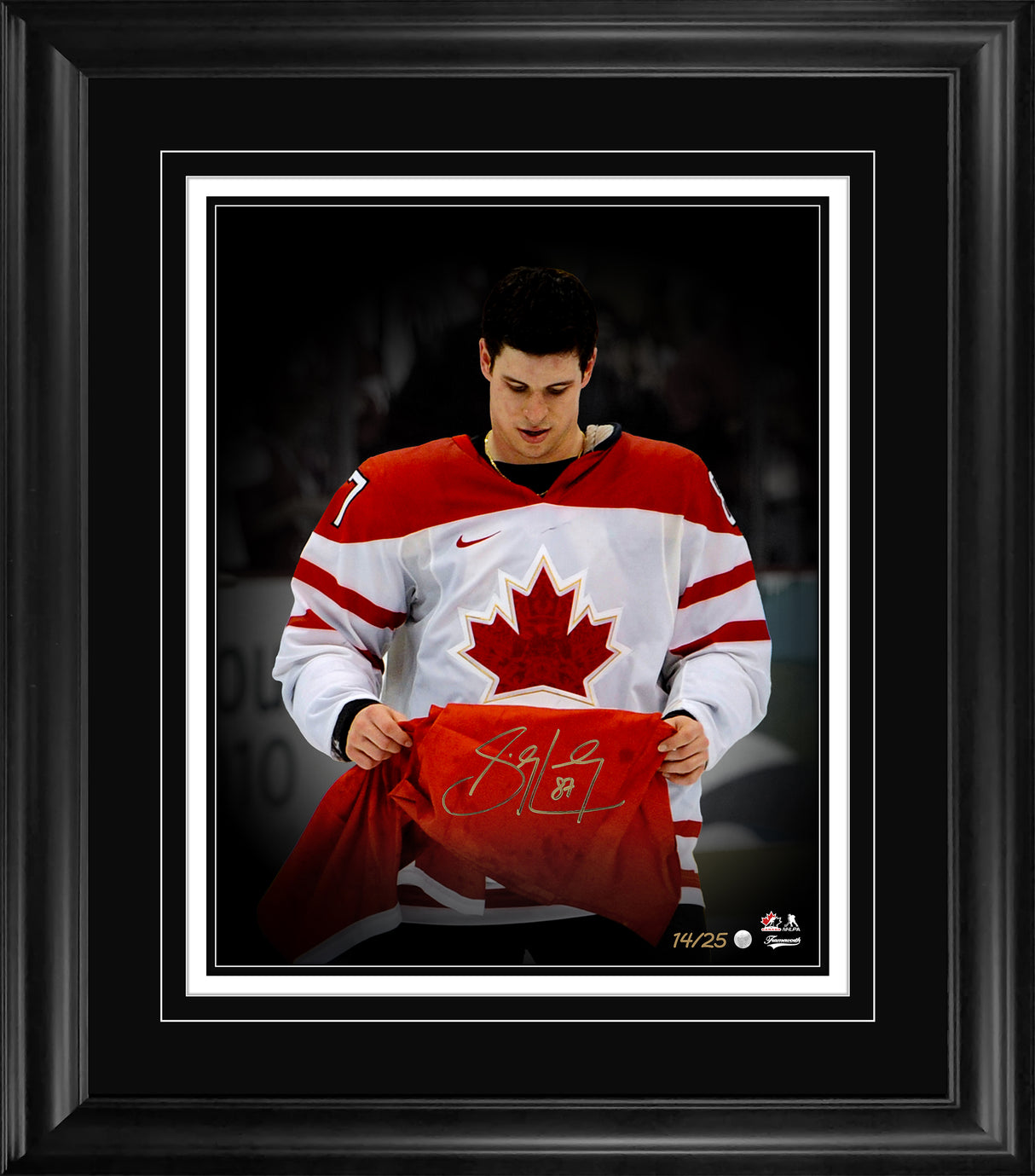 Sidney Crosby Signed 16x20 Print Framed Team Canada 2010 Olympics Holding the Canadian Flag Spotlight Edition (Limited Edition of 25)