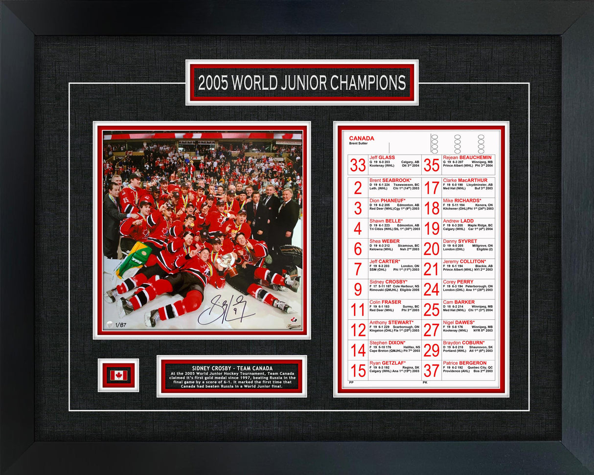 Sidney Crosby Signed 11x11 Photo Framed Team Canada 2005 World Junior Champions (Limited Edition of 87) - AUCTION
