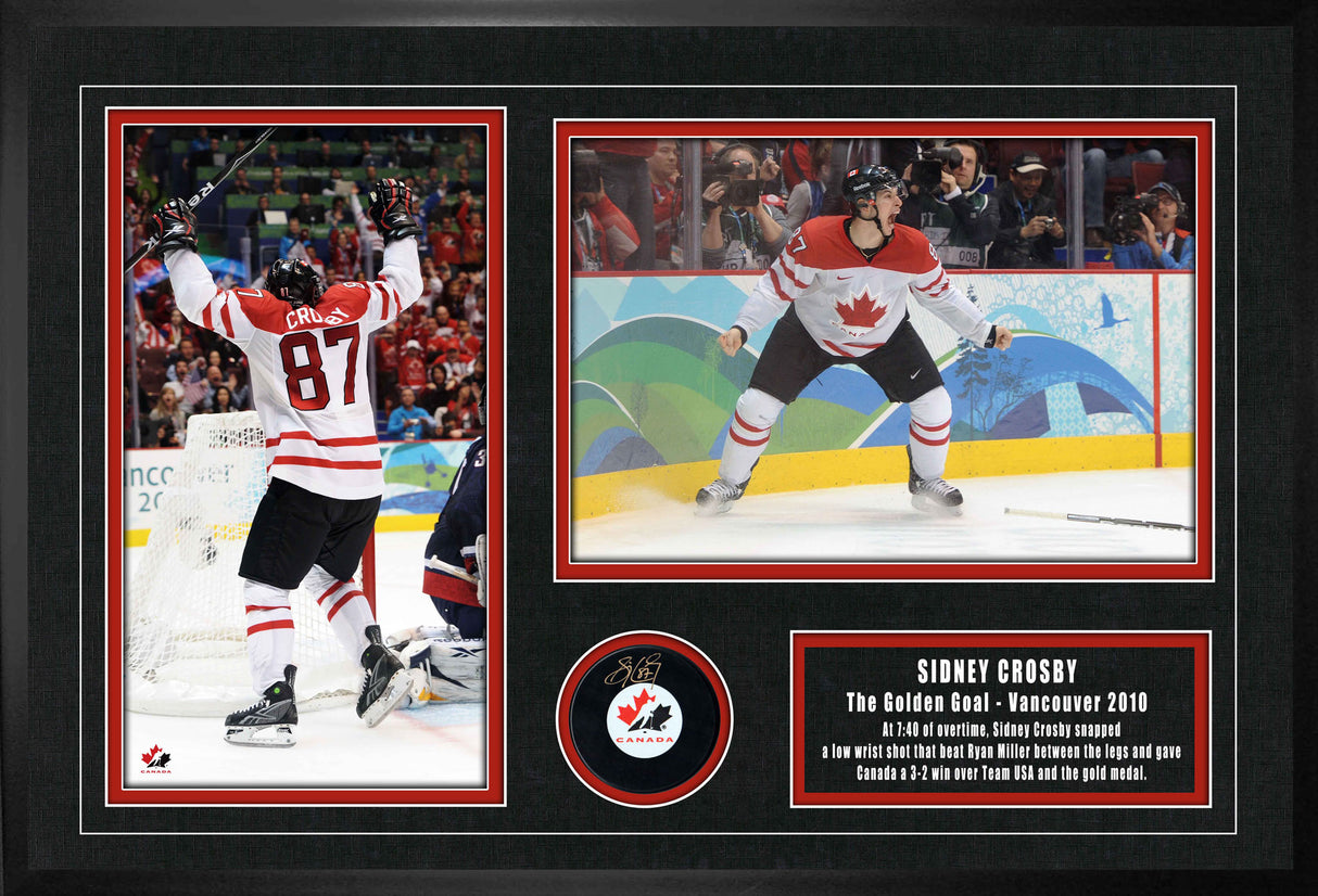 Sidney Crosby Signed Framed Team Canada Puck with 2010 Golden Goal Collage - AUCTION