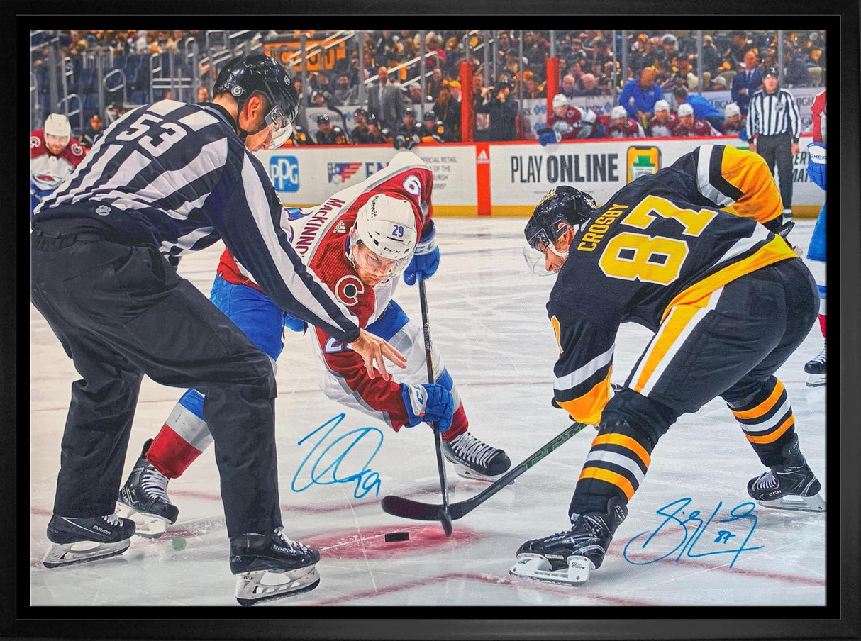 Sidney Crosby and Nathan MacKinnon Dual-Signed Framed 20x29 Penguins vs Avalanche Face-Off Canvas - AUCTION