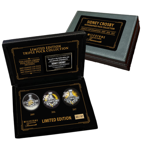 Sidney Crosby Signed 3x Stanley Cup Champions Point Pucks in Deluxe Case (Limited Edition of 87) - AUCTION
